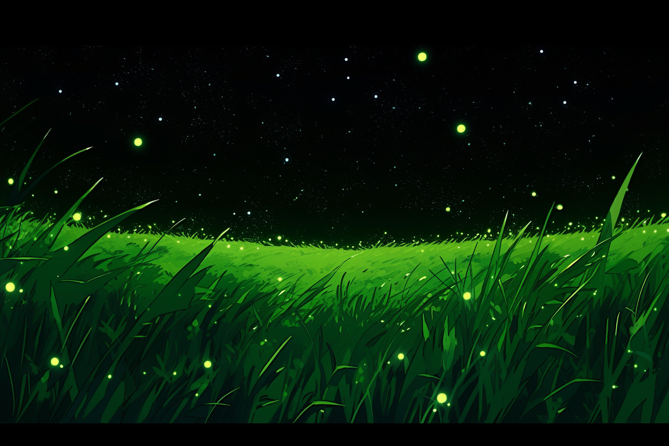 Green field at night with stars in pop art style