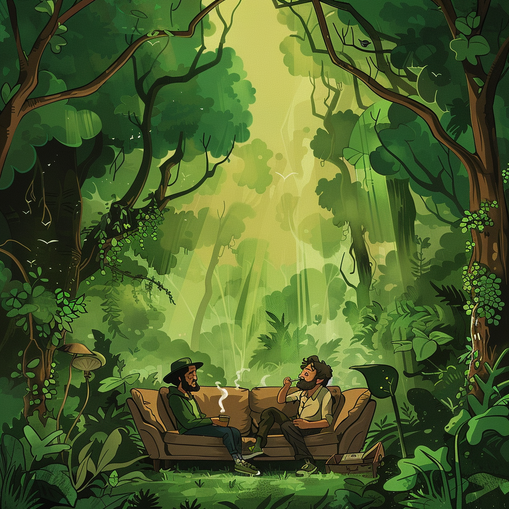 Two people smoking in forest