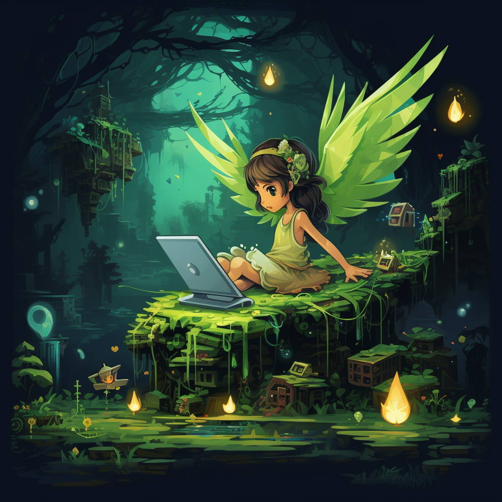 Green forest fairy with pixel wings playing with a boy