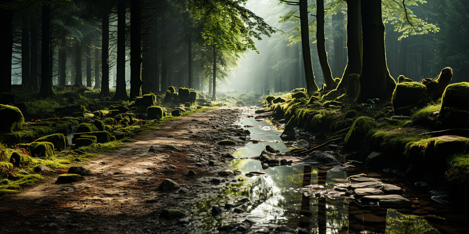 Serene morning light in green forest