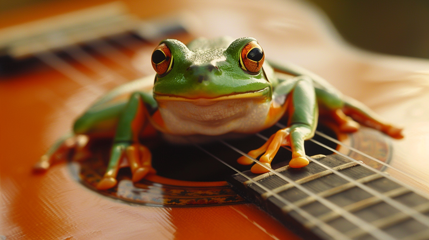 Little green frog on guitar