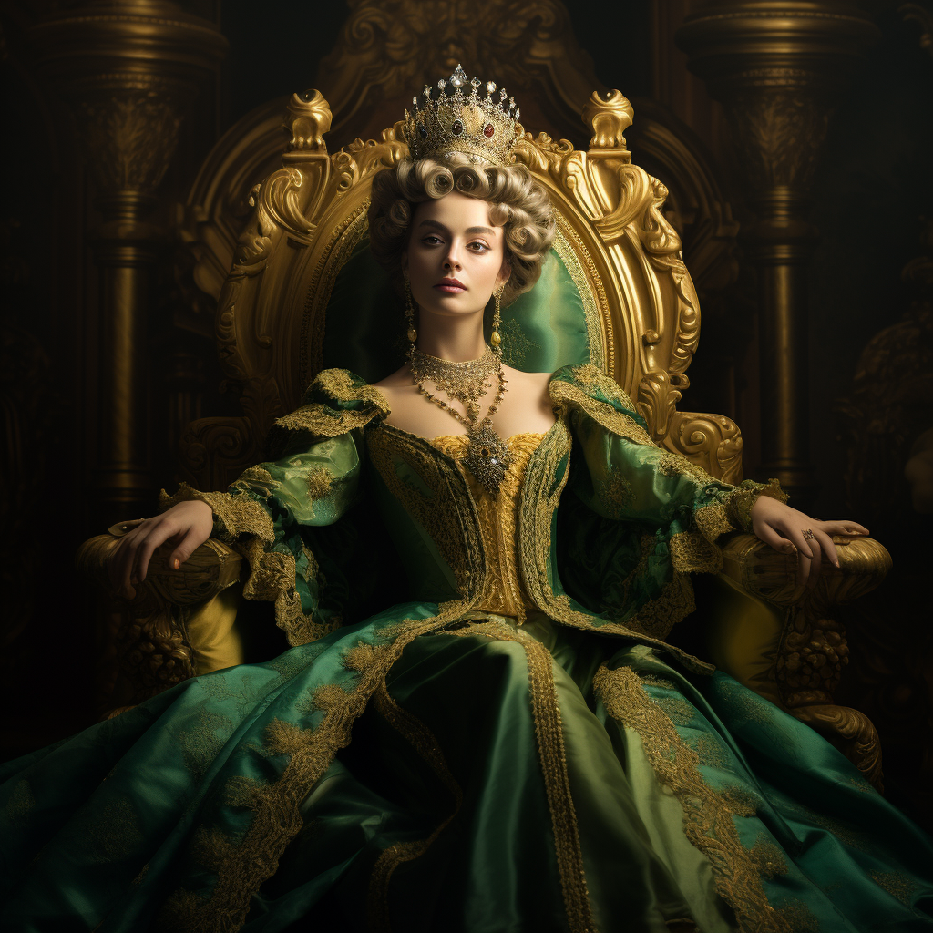 Elegant Marquise in Green and Gold Victorian Dress