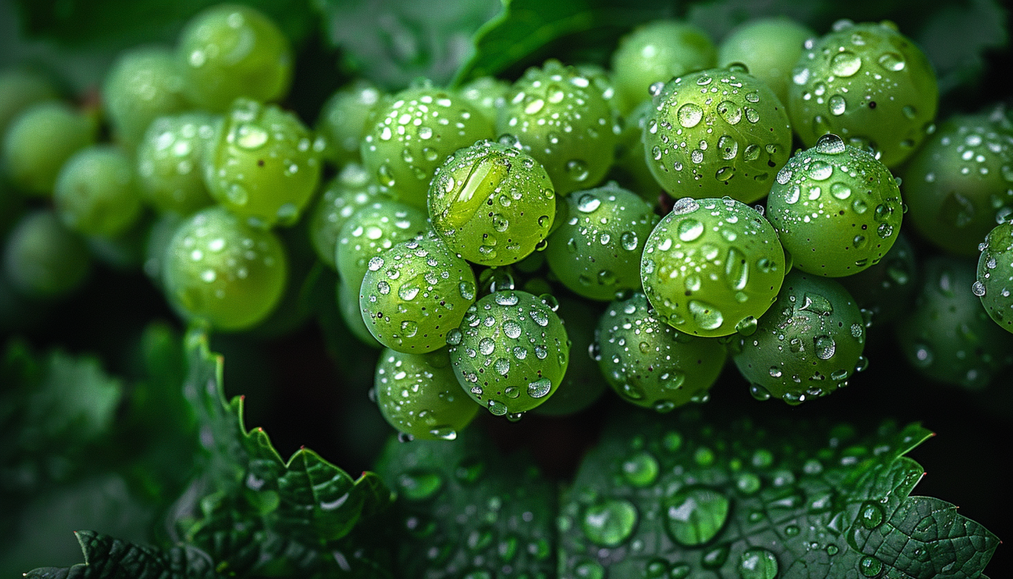 Green grapevines with dewdrops close-up