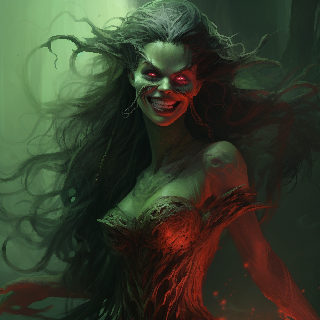 Sinister green hag in red dress