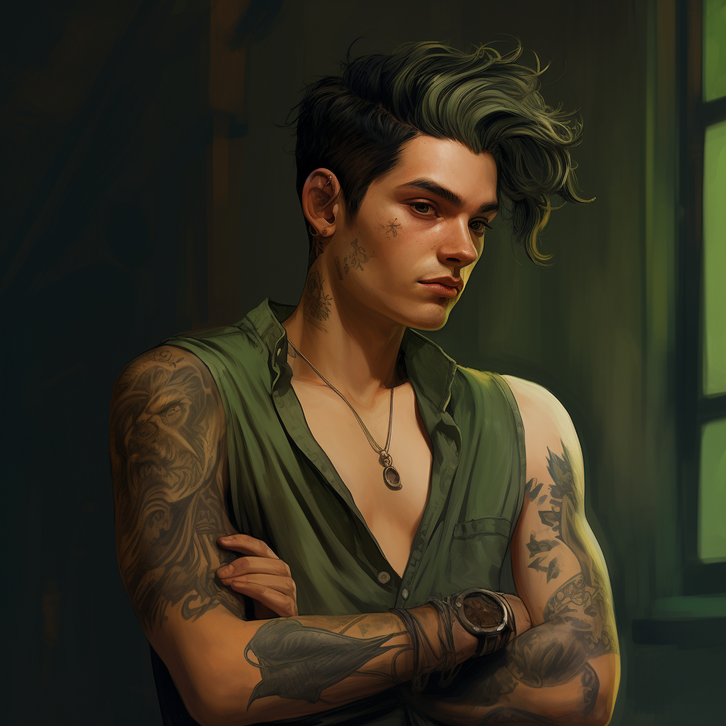 Green haired character with tattooed arm