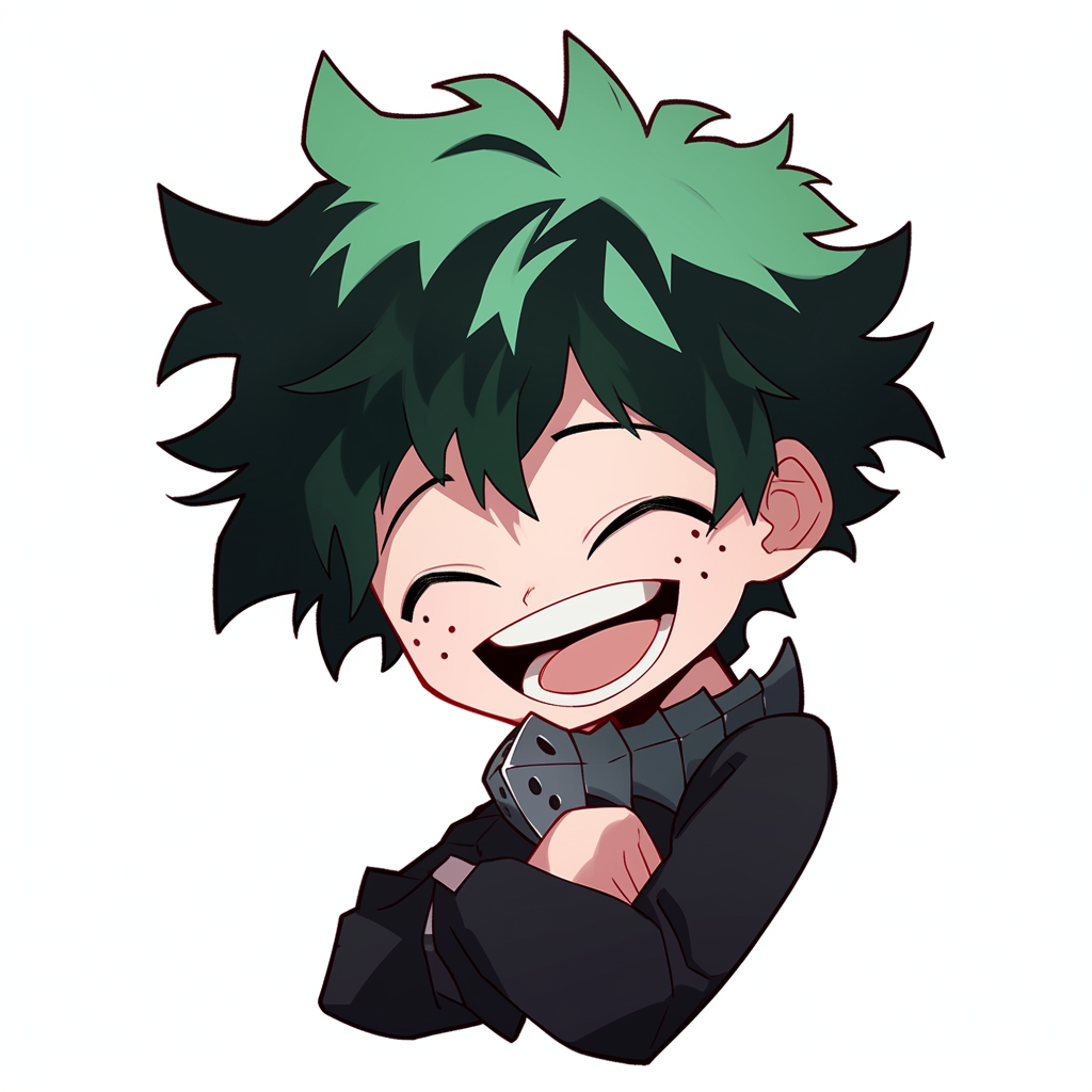 Chibi anime boy in green hair laughing