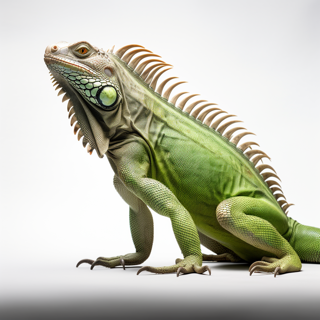 Deep green iguana with long hanging tail