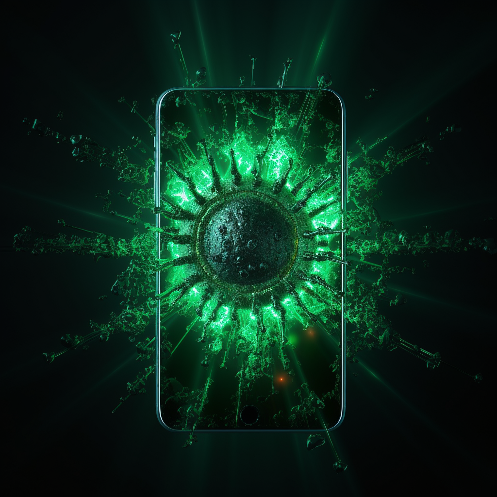 Green illuminating virus reaching out from phone screen