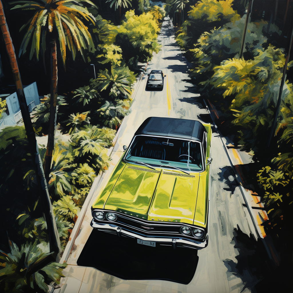 Aerial view of green Impala driving on palm tree lined street