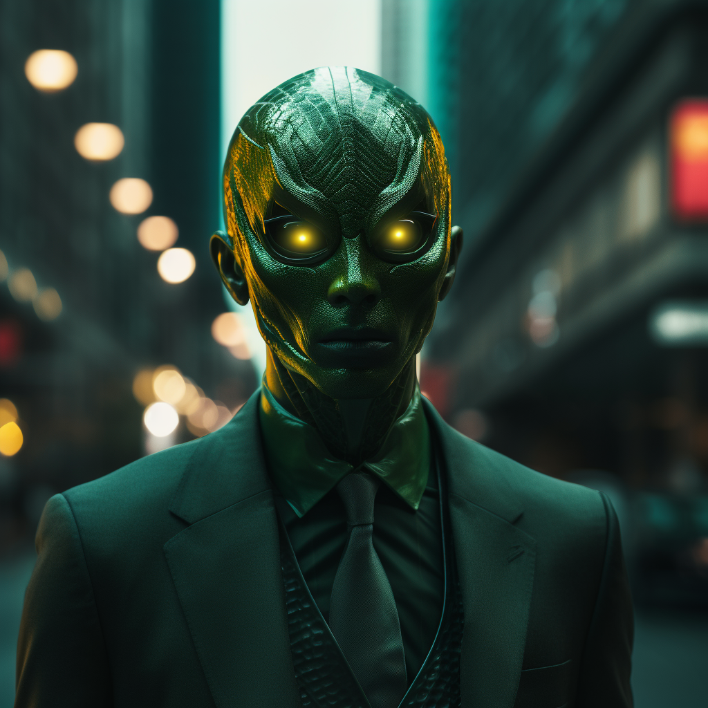 Portrait of Green Insectoid Man in Futuristic City Street