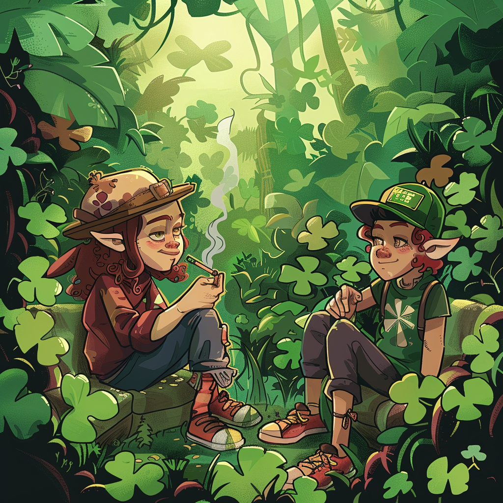 Two people in cartoon forest