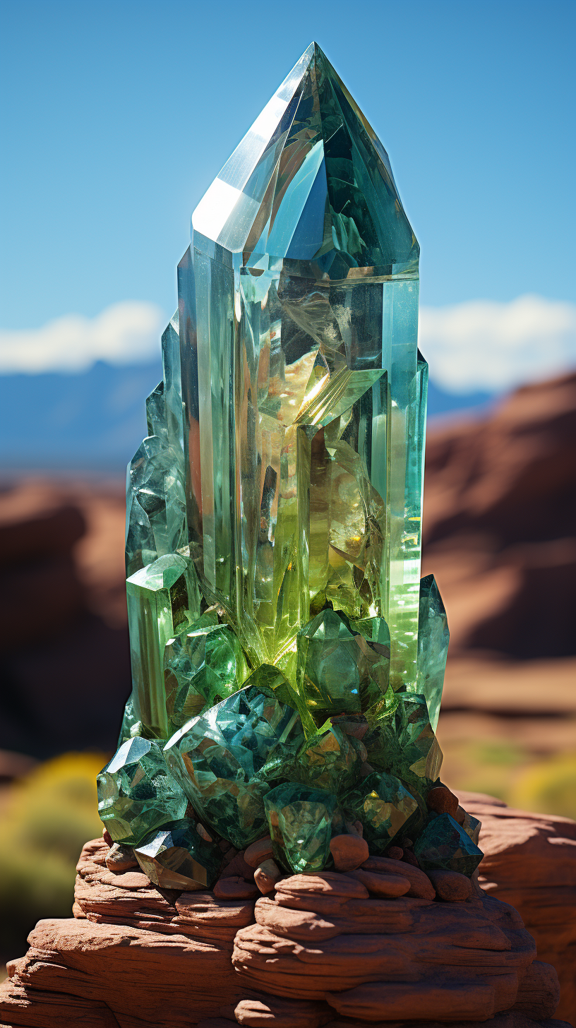 Vibrant green jade prism in desert landscape