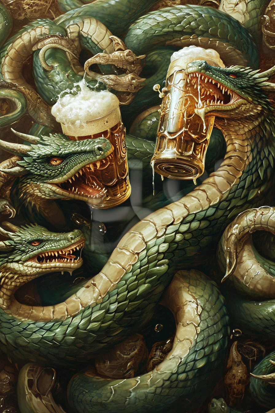 Green Japanese dragons with beer mugs