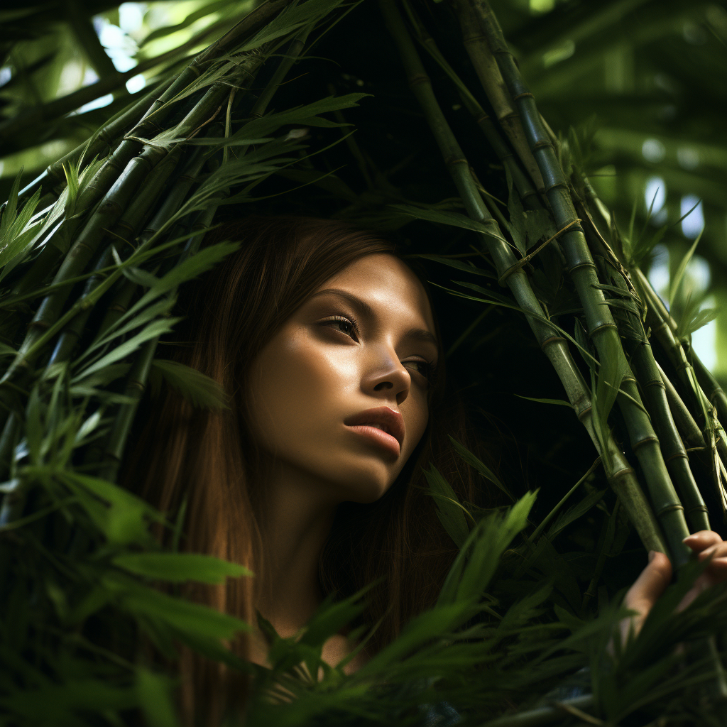 Woman made of green leaves inside bamboo house