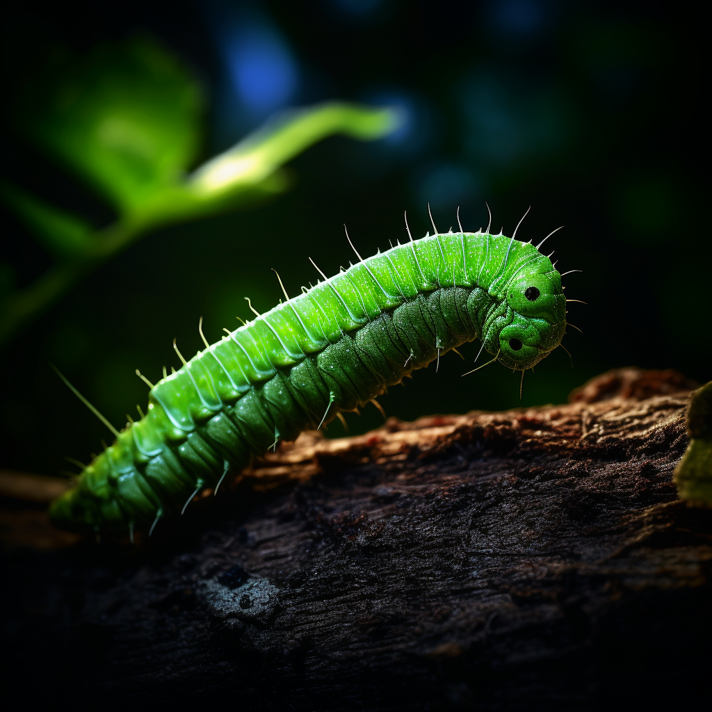 Green Leaf Worm on Tree Branch