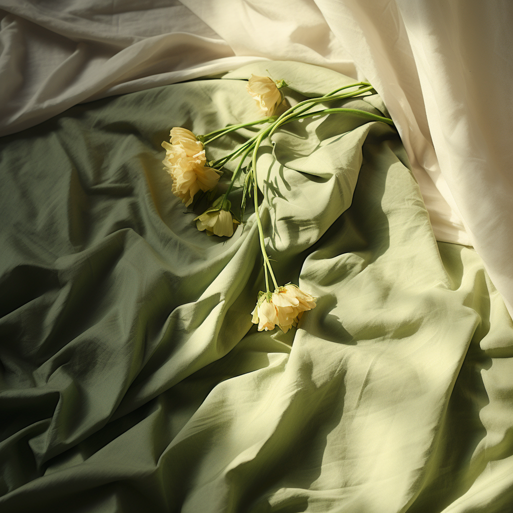 Green linen sheets with dead flowers and sunlight