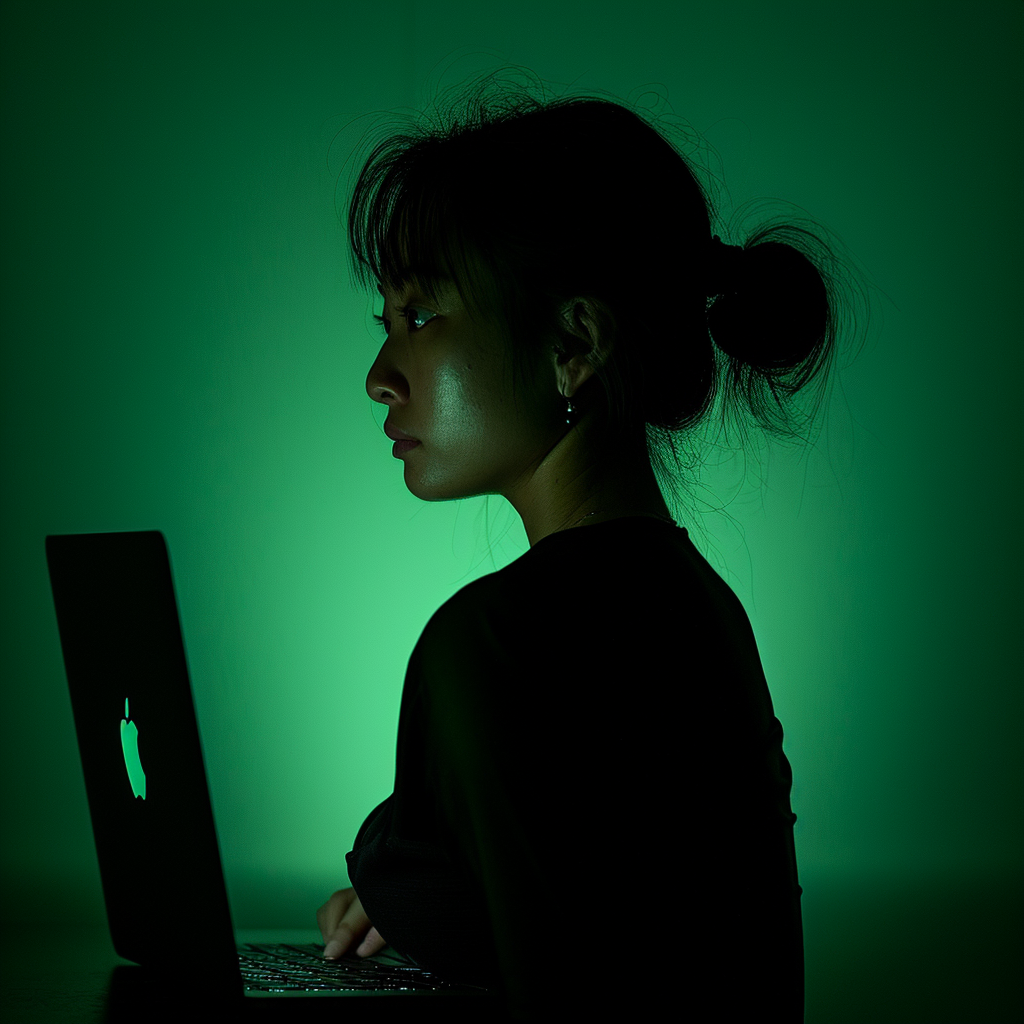 Woman in front of green Macbook screen