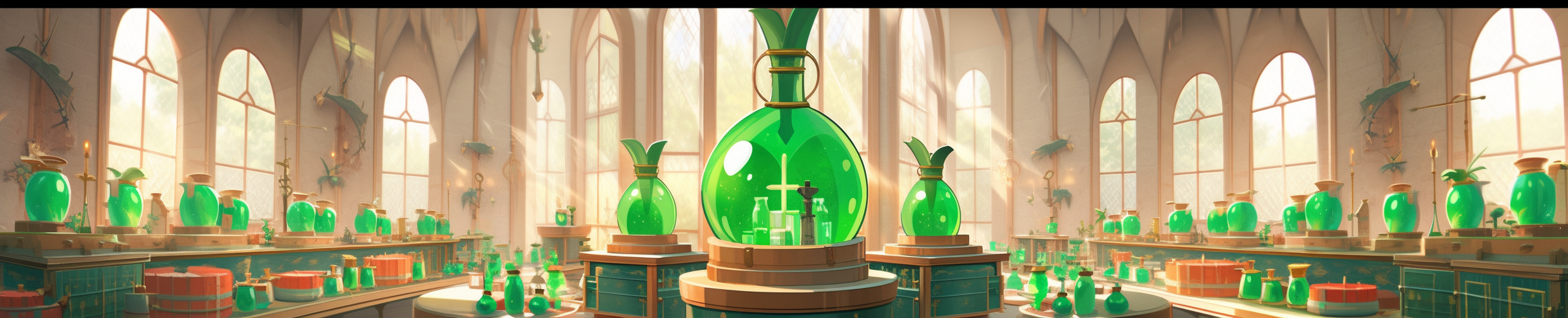 Wands in a green magic wand factory