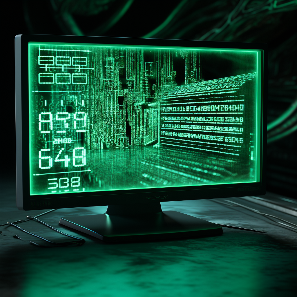 Computer screen with green matrix text