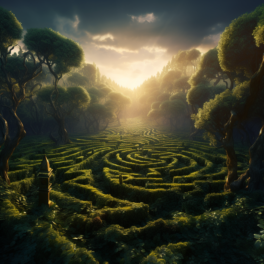 Friends lost in green maze, sunrise on road