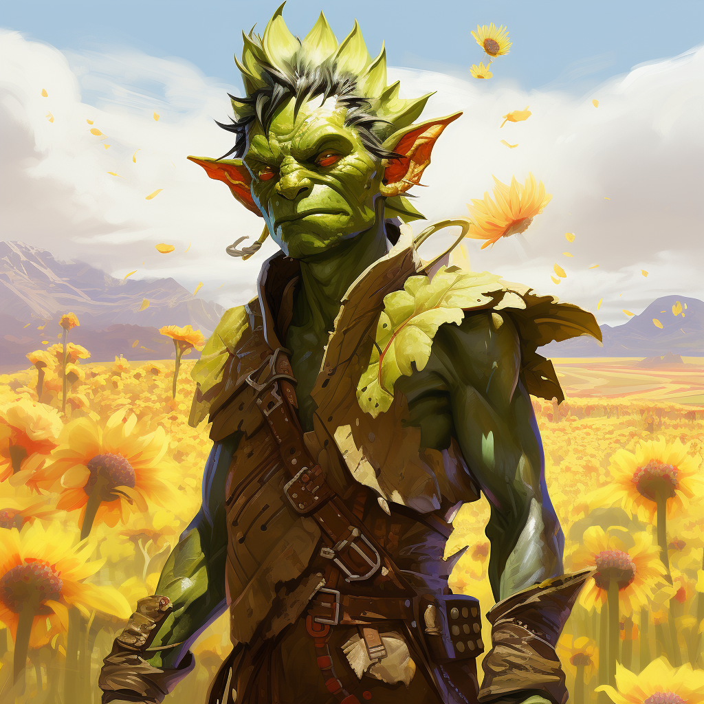 Lime green male goblin in blossoming meadows