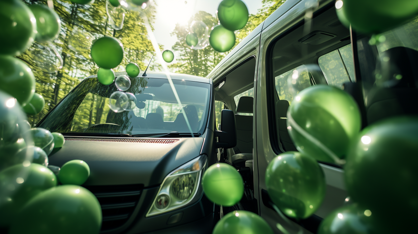 Green Mercedes Sprinter Van Driving through Balloons at Sunrise