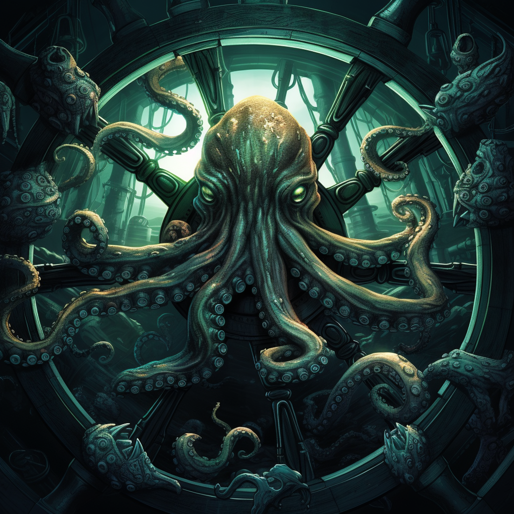 Dark sea green octopus wraps around ship wheel