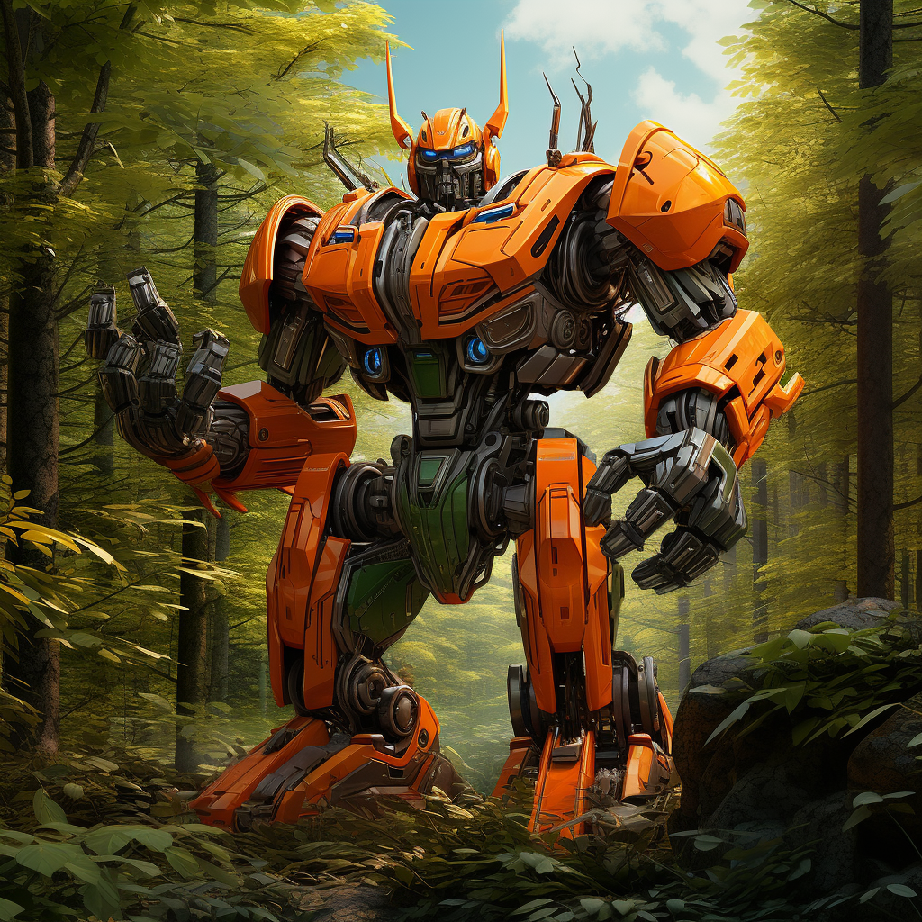 3D green and orange Transformers in a forest