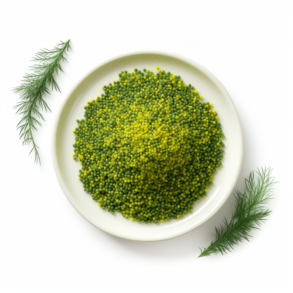 Fresh green pine pollen branches on white plate