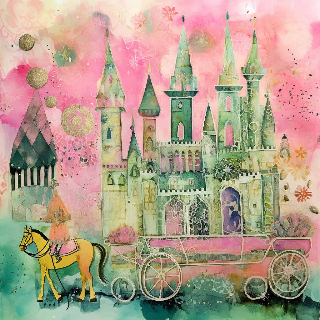 Junk journal paper watercolor mixed media pattern castle music carriage