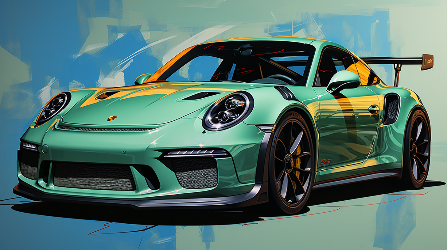 Expressive artwork of green Porsche GT3 RS with elegant ladies