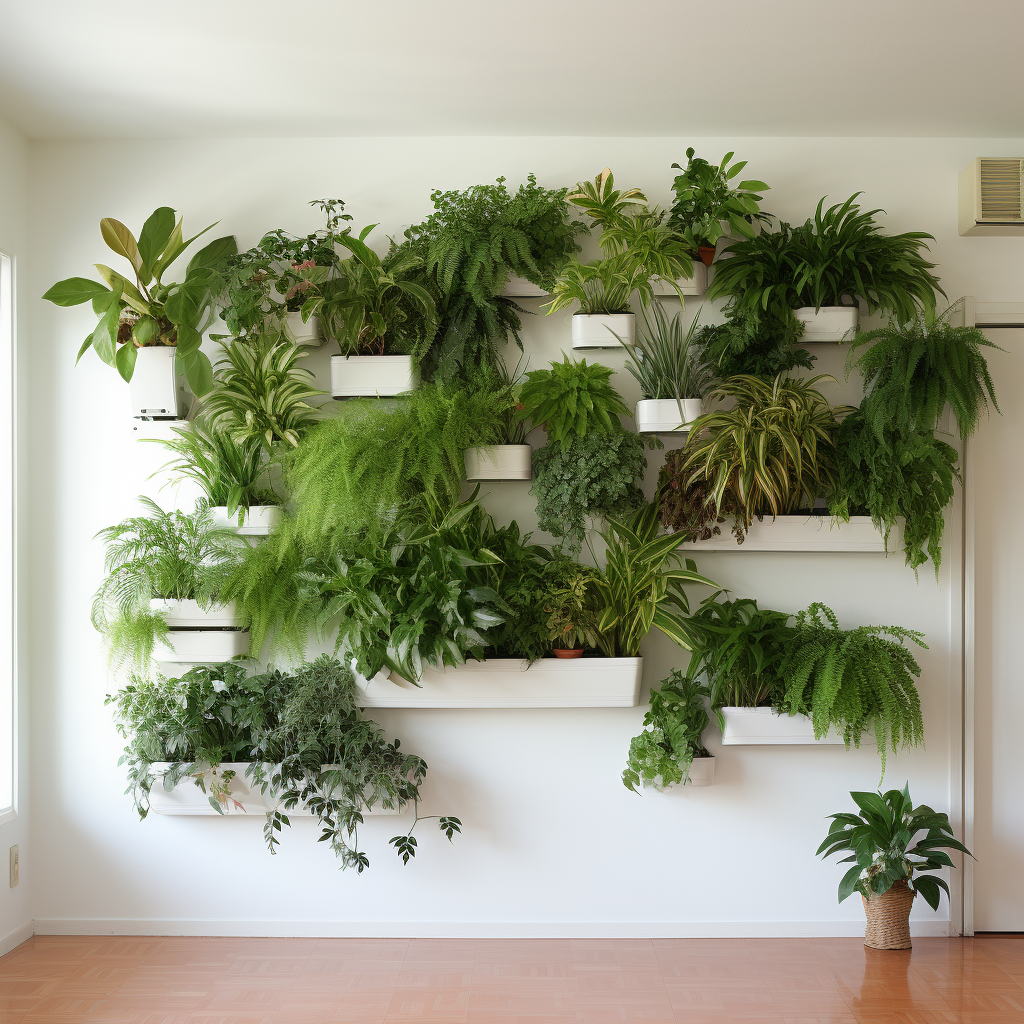 Green potted plants on beige wall