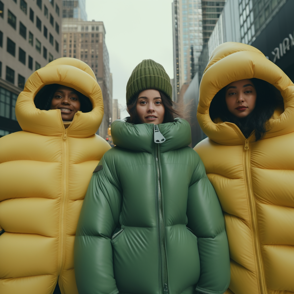 fashionable trio in green puffer jackets