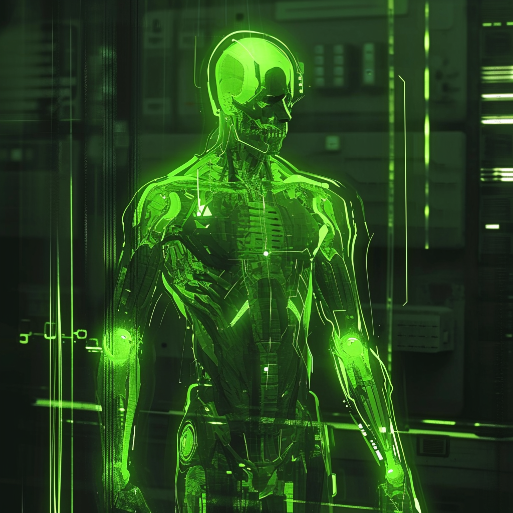 Green radioactive stick figure in cyberpunk setting