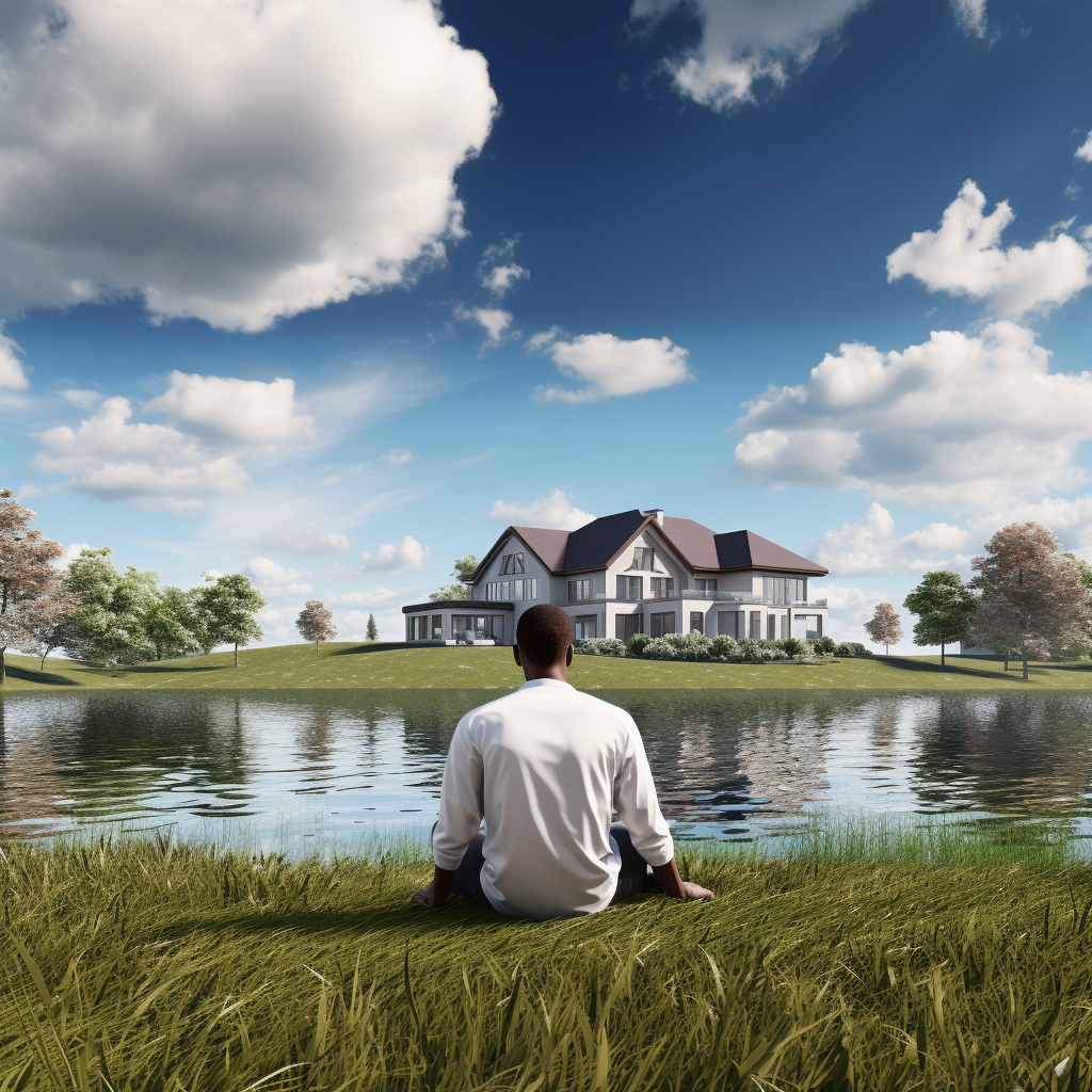 Man sitting on grass near stunning green river mansion