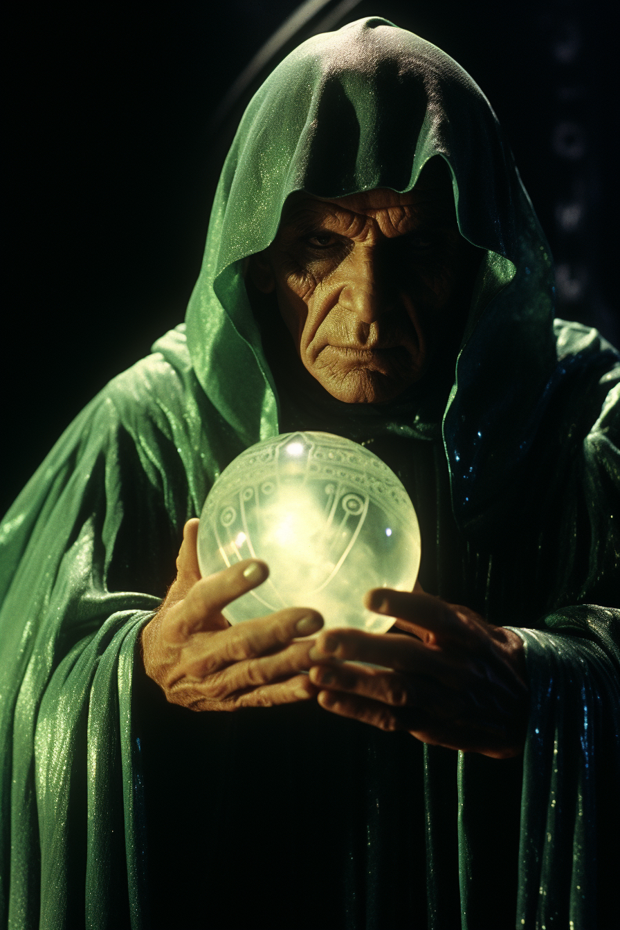 Man in green robe with crystal ball