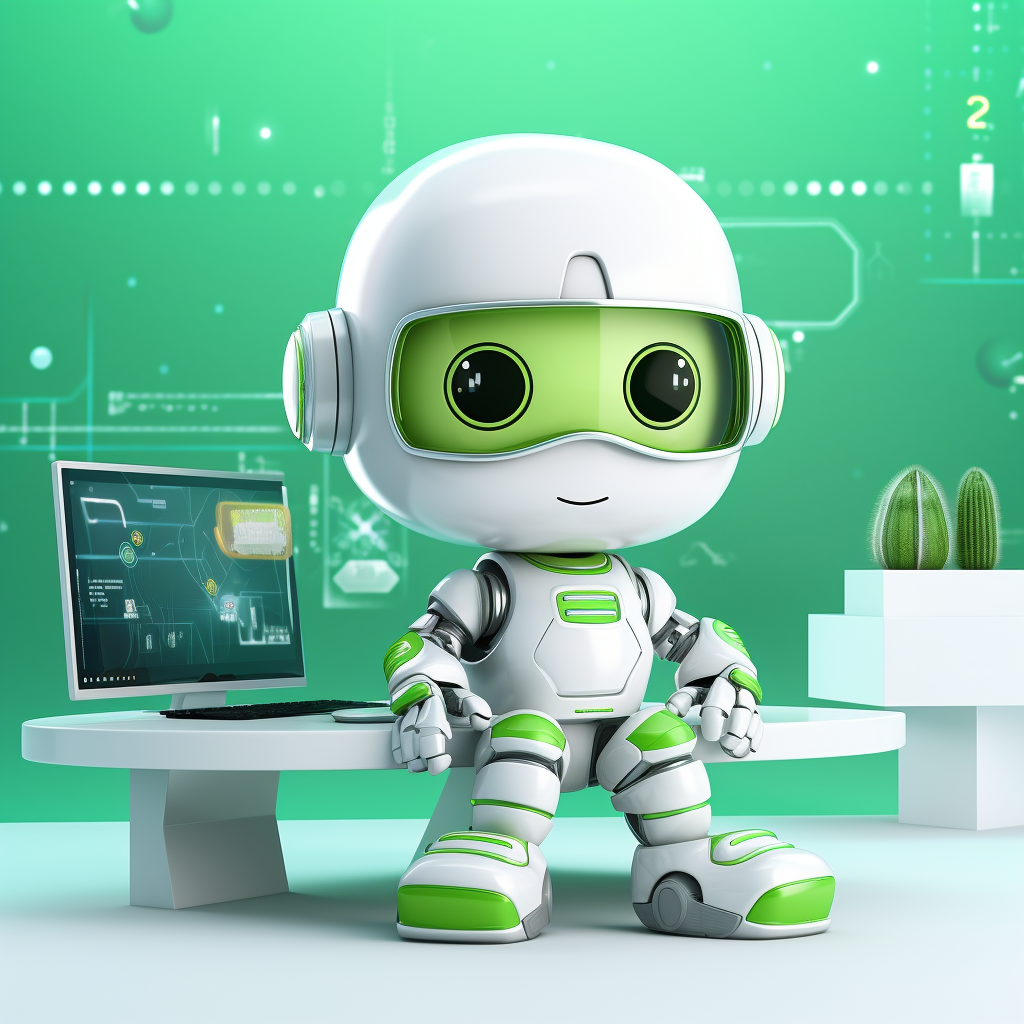 Cute green robot on 3D animation computer