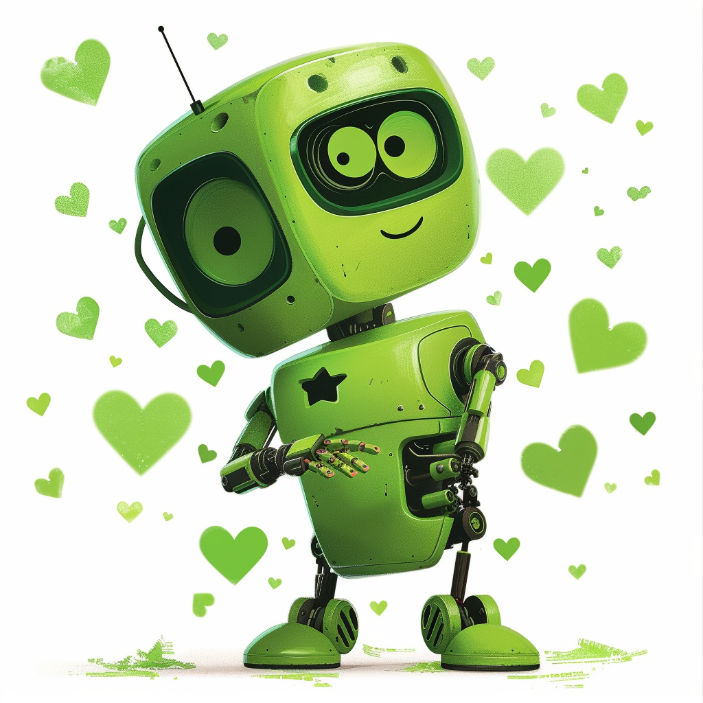 Green robot in love with hearts