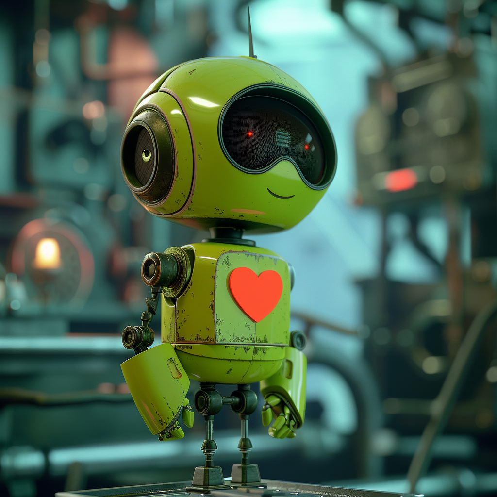 Green robot in love Pixar style