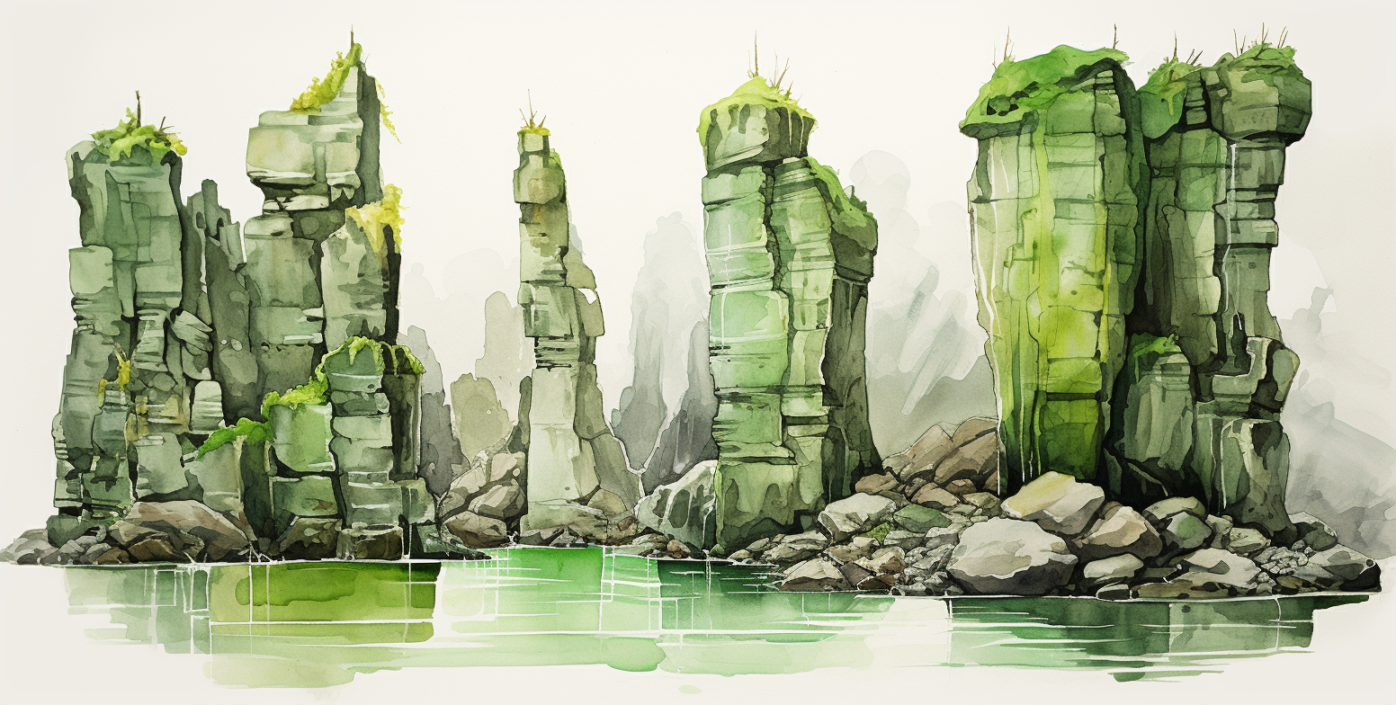 Green Rock Pillars Watercolor Scene