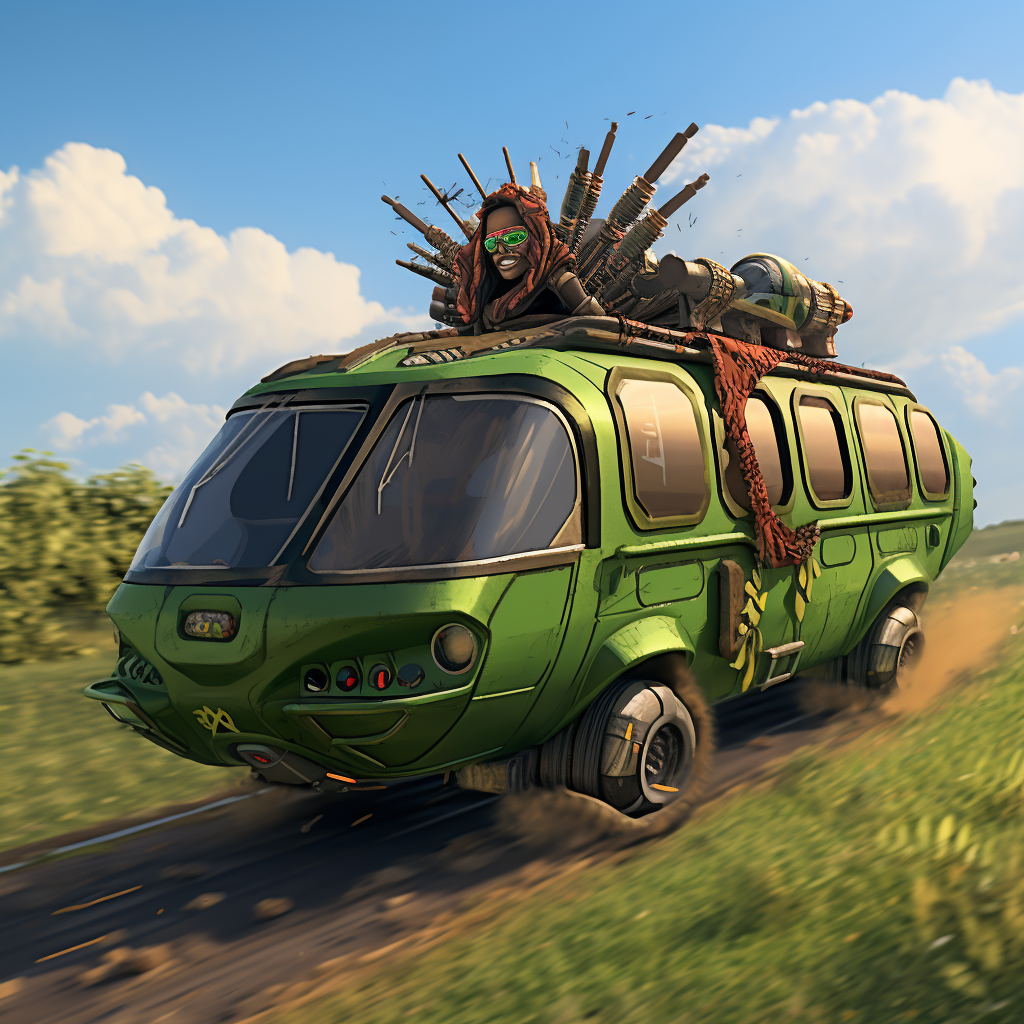 Green school bus flying over lush vegetation