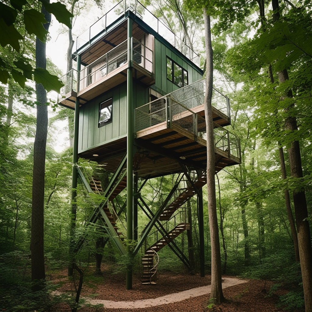 Green scientific treehouse surrounded by nature