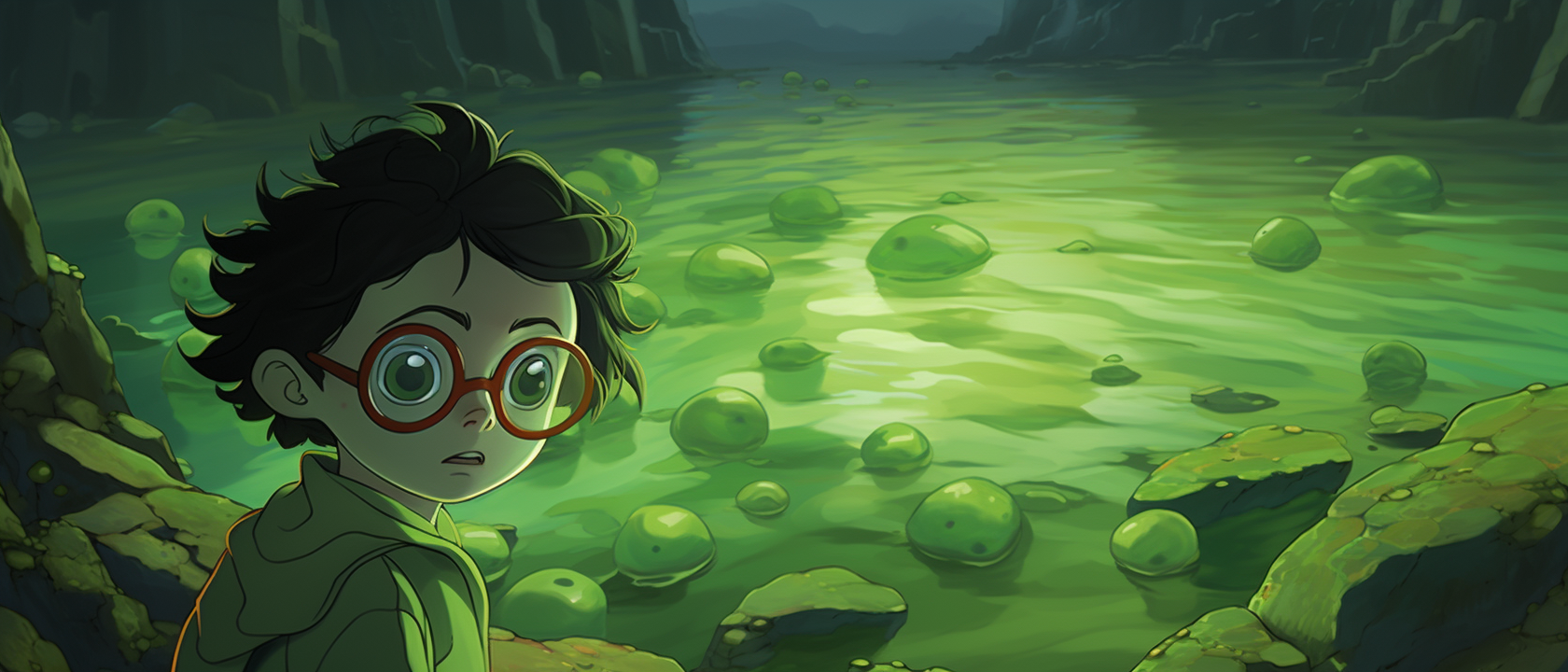 Kid with glasses finds a green sea slug