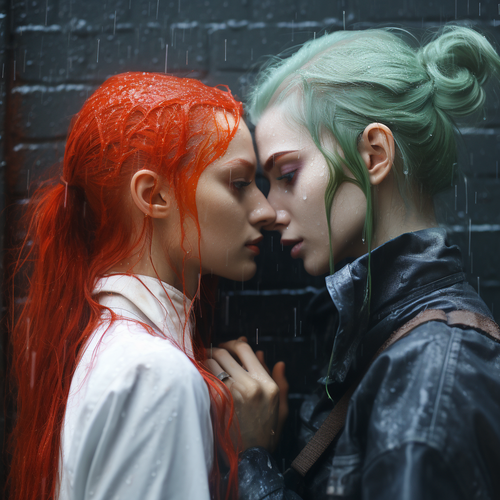 Goblin Girls Kissing in Rain