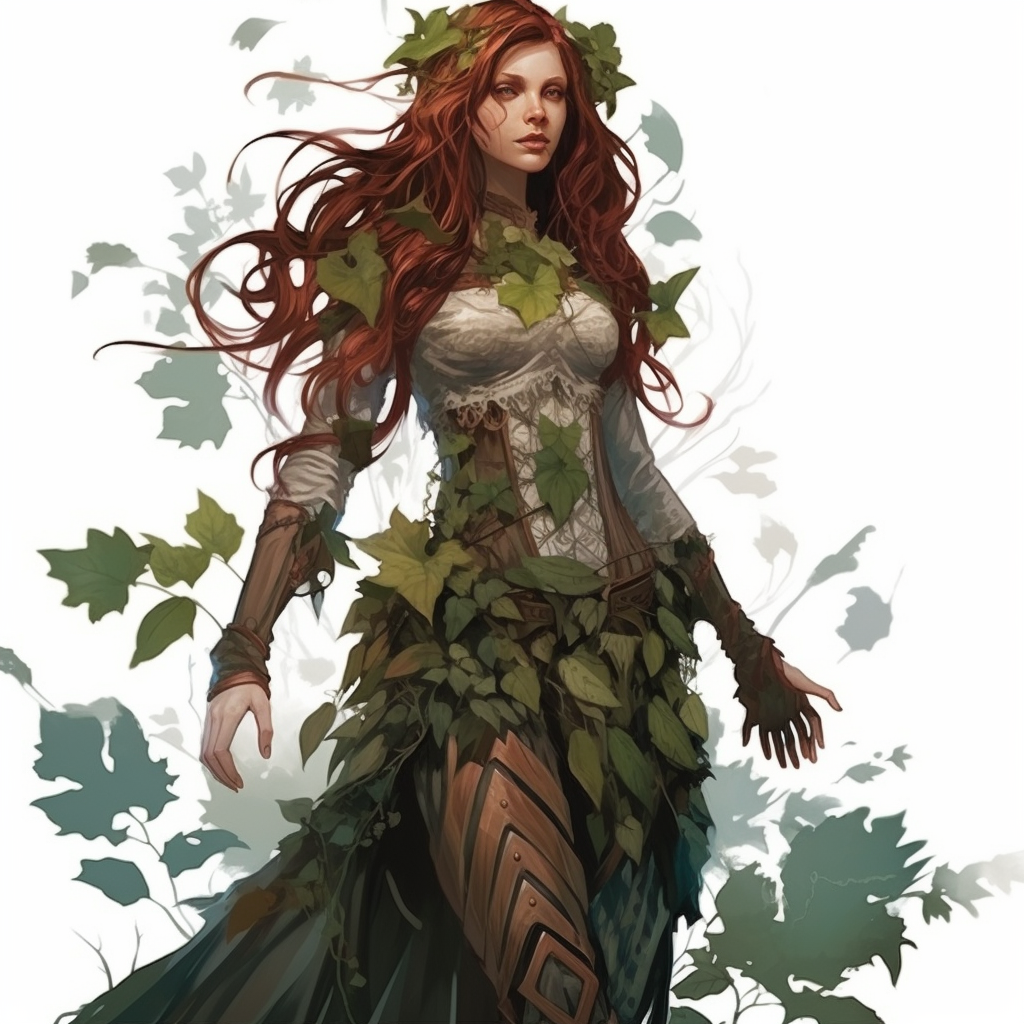 Beautiful forest queen surrounded by plants and flowers