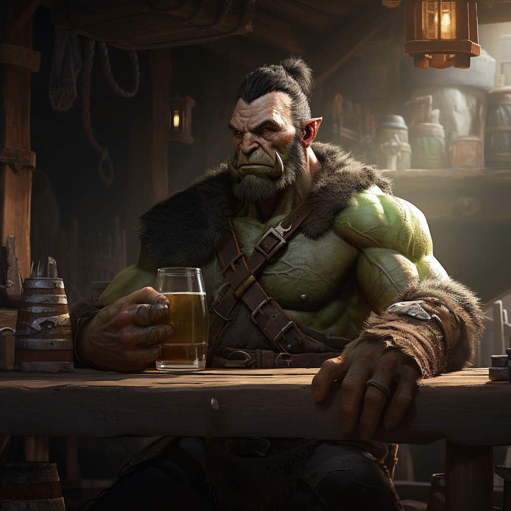 Orc Barbarian in Tavern Drinking Ale