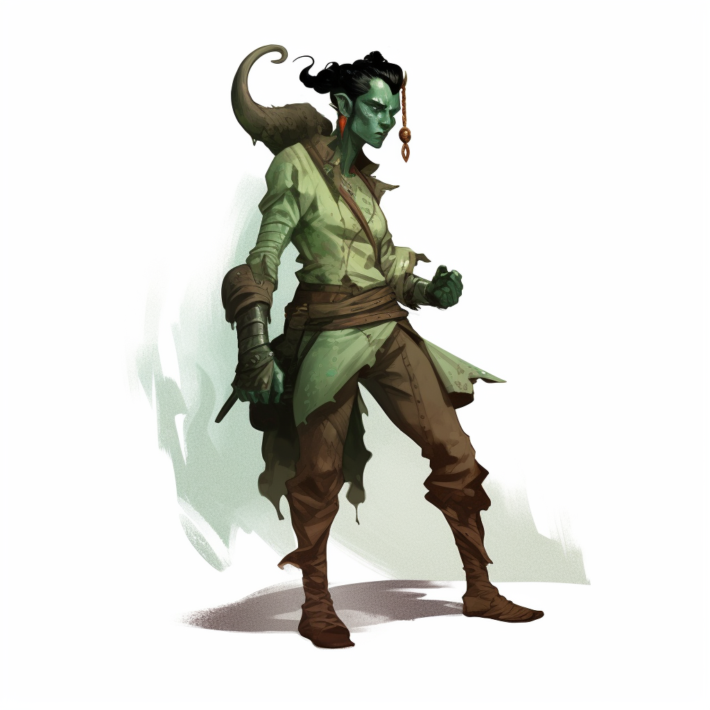 Green Skinned Tiefling DND Character on White Background