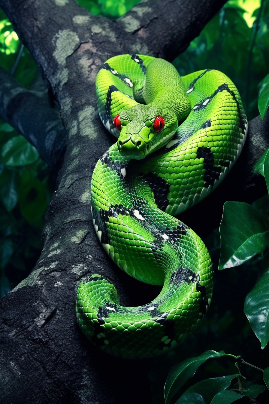 Close-up of Poisonous Green Snake in Enchanted Forest