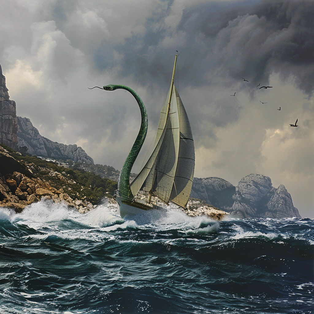 Green Snake Boat Sailing Stormy