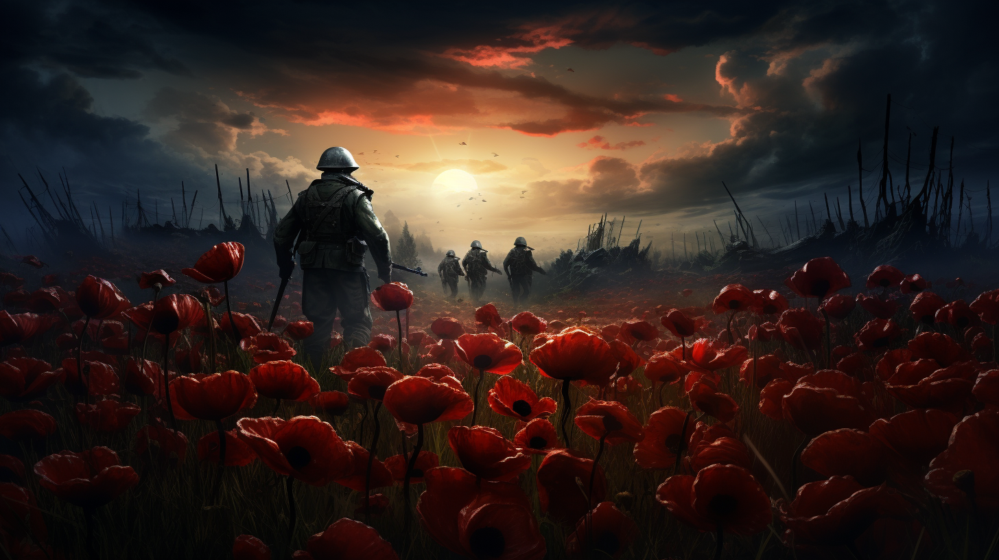 Soldiers hat amidst poppy field